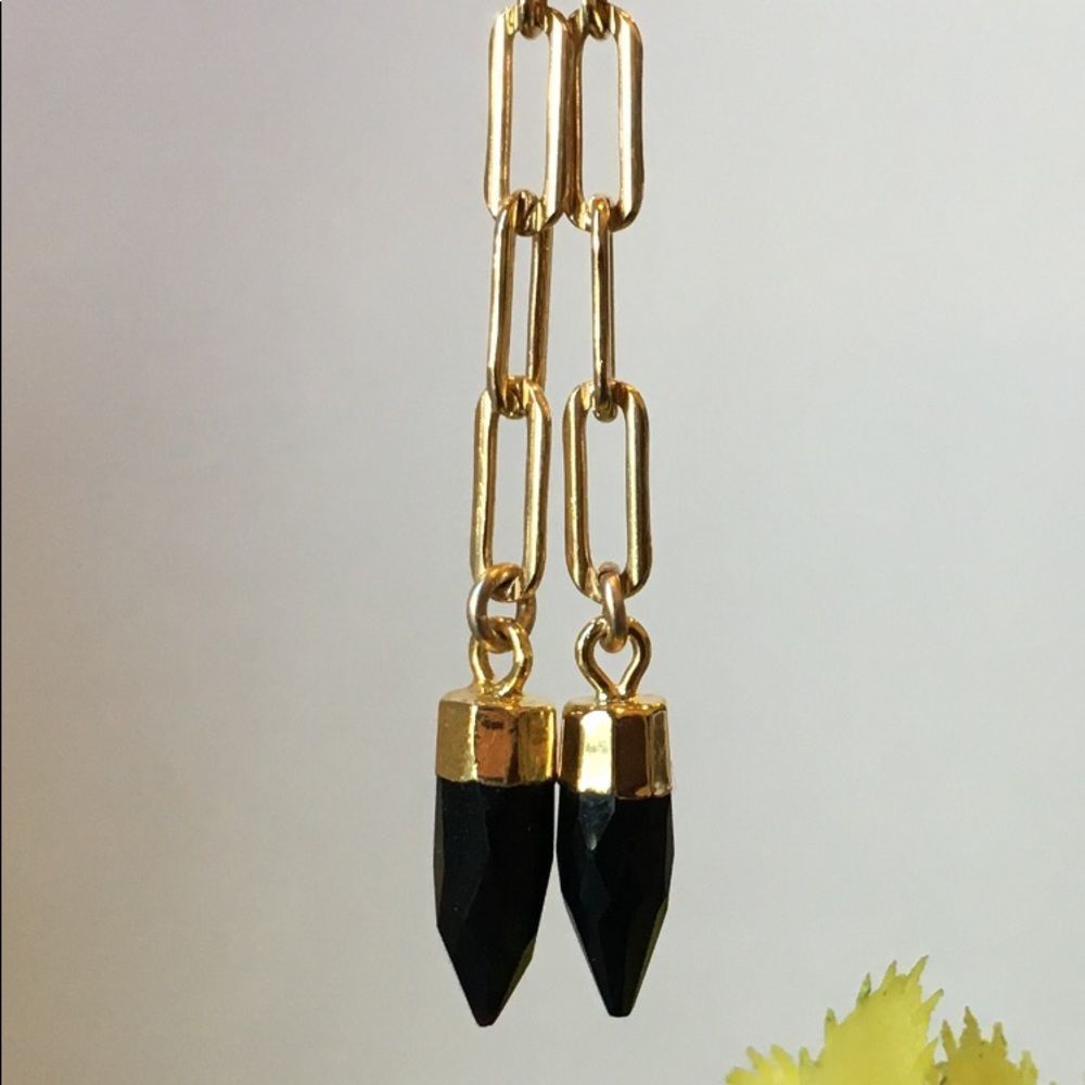 New gold huggie hoop earrings with long dangle paper clip chain and black onyx - Picture 2 of 5